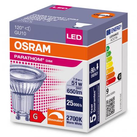 OSRAM GU10 PARATHOM PAR16 LED Strahler 120° dimmbar 7,9 W wie 51W 2700K warmweiß - breiter Abstrahlwinkel 90Ra - Aktion: Nur noch angezeigter Bestand verfügbar